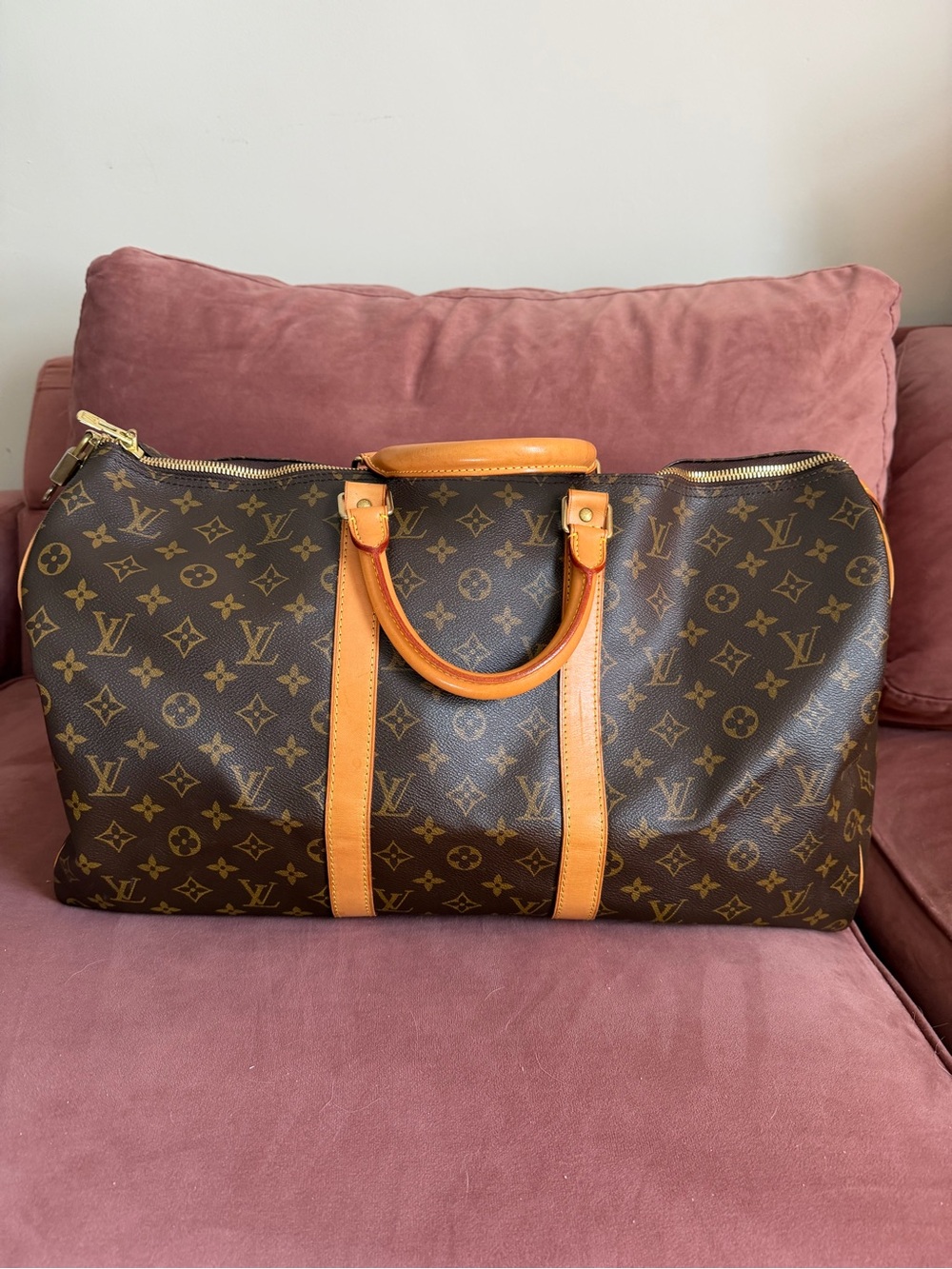 Louis Vuitton Brown Monogram Duffel with Tan Leather Trim